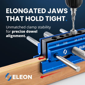 Eleon dowel jig with elongated jaws delivering improved grip and accuracy.