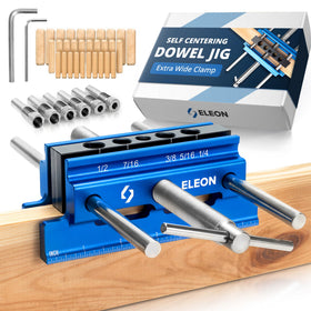 Eleon self-centering dowel jig with extra-large opening for wide clamping on varied boards.