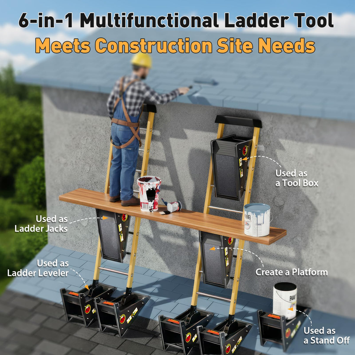 Elesude ladder jack stabilizer shown on a rung for added balance.
