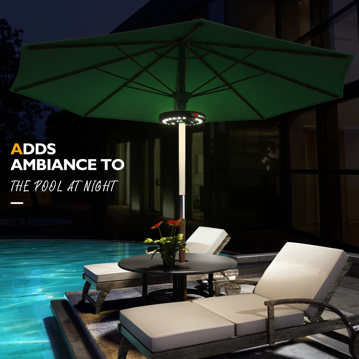 Eletorot patio umbrella light at dusk for outdoor dining.