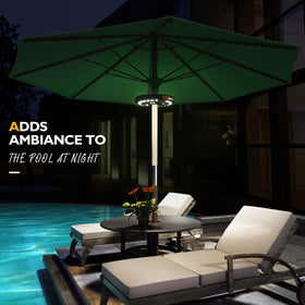 Eletorot patio umbrella light at dusk for outdoor dining.