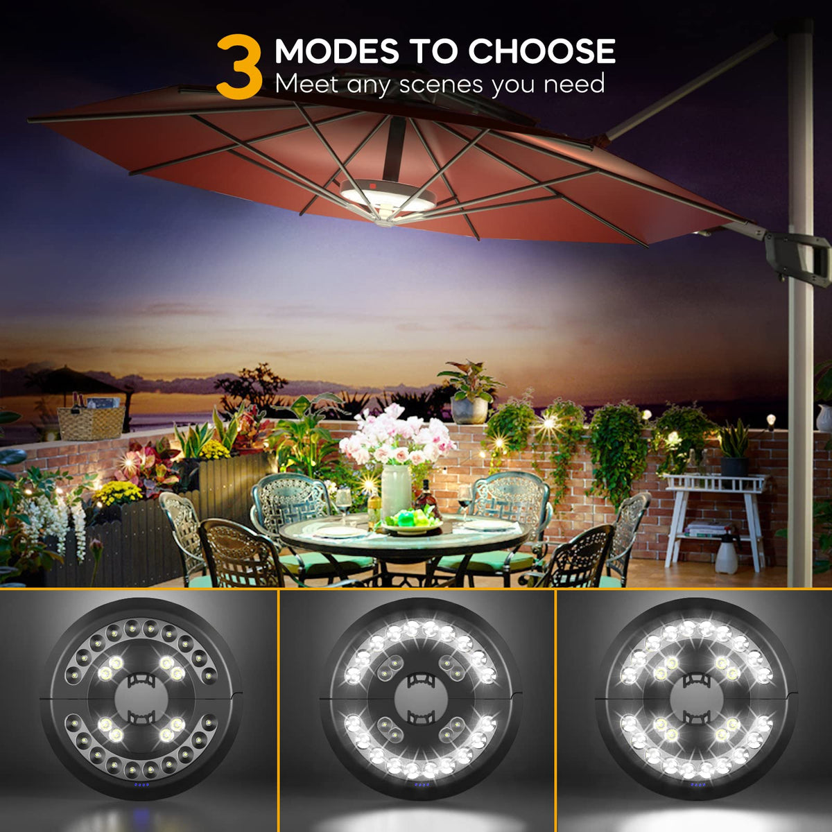 Eletorot USB-rechargeable umbrella light with indicator for quick charging.