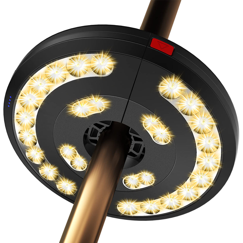 Eletorot patio umbrella lights mounted on a parasol for warm outdoor ambiance.