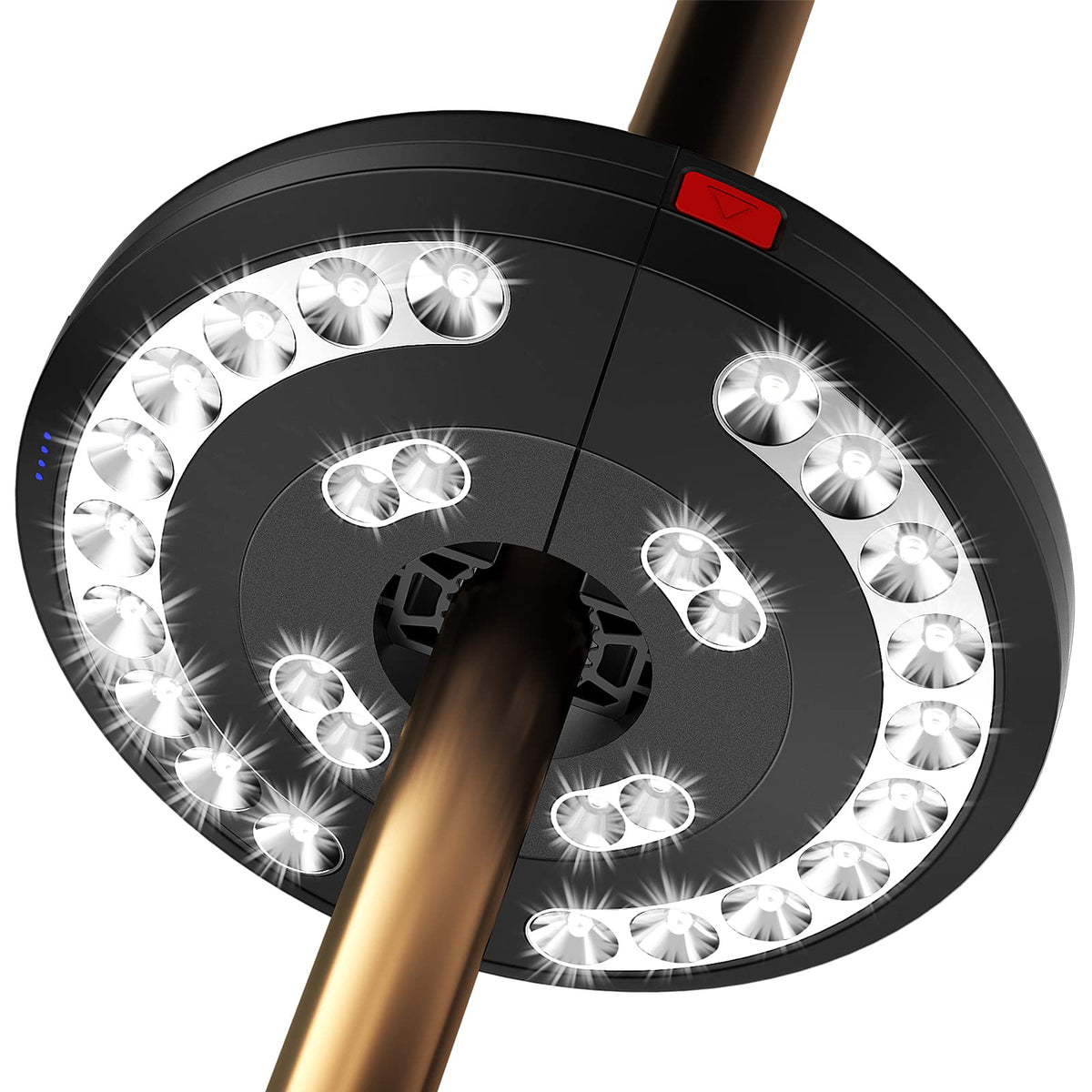 Eletorot patio umbrella lights illuminate outdoor dining at dusk