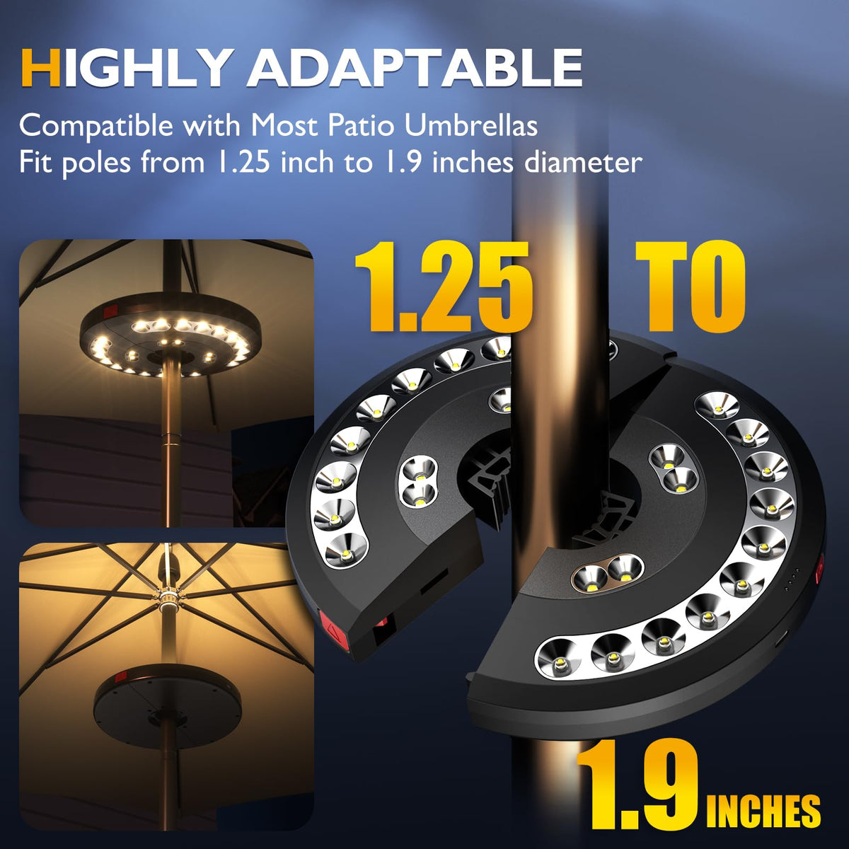 Eletorot umbrella-light clamp installation fits most pole sizes without tools.