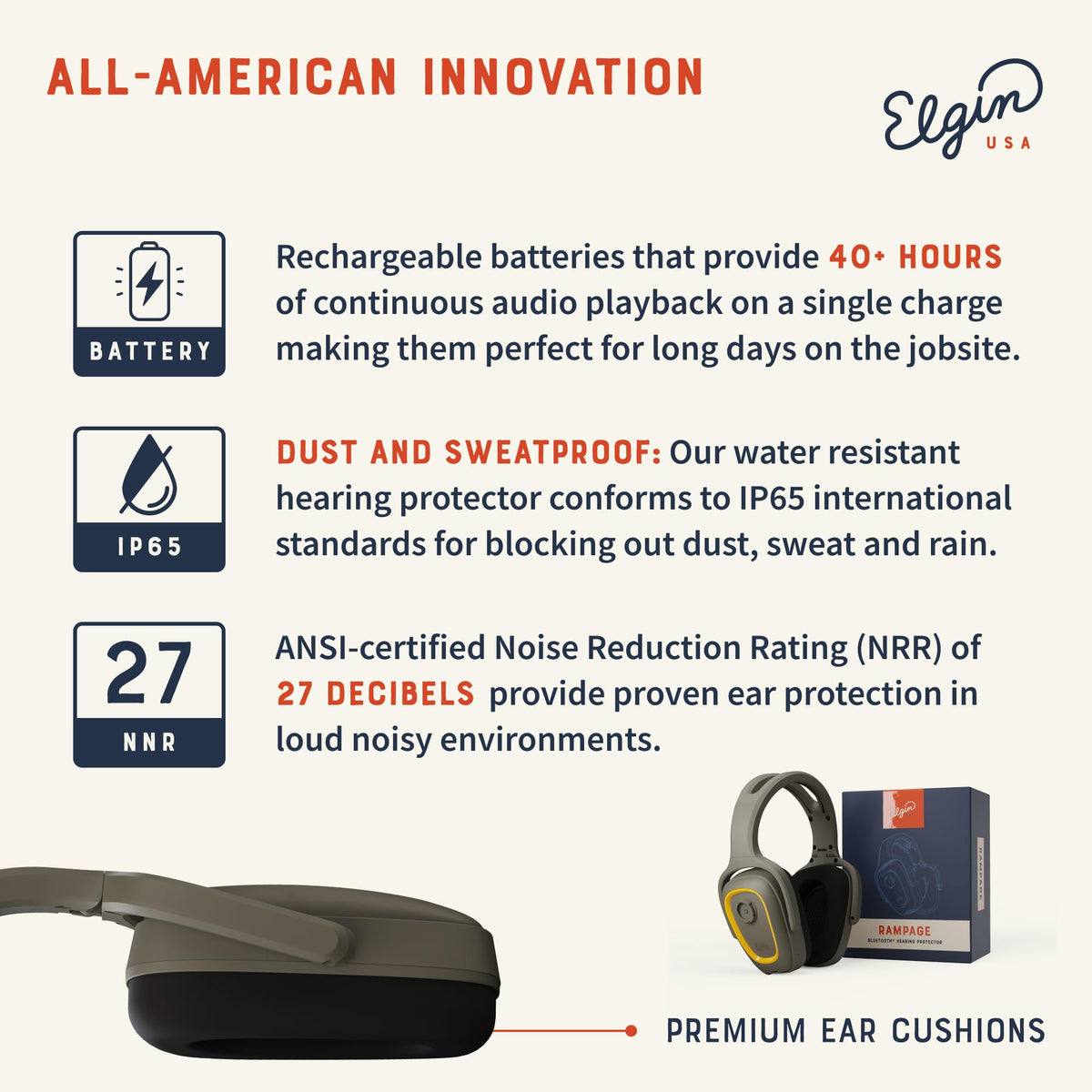 Elgin Rampage IP65-rated headset resists dust and sweat during outdoor industrial tasks.