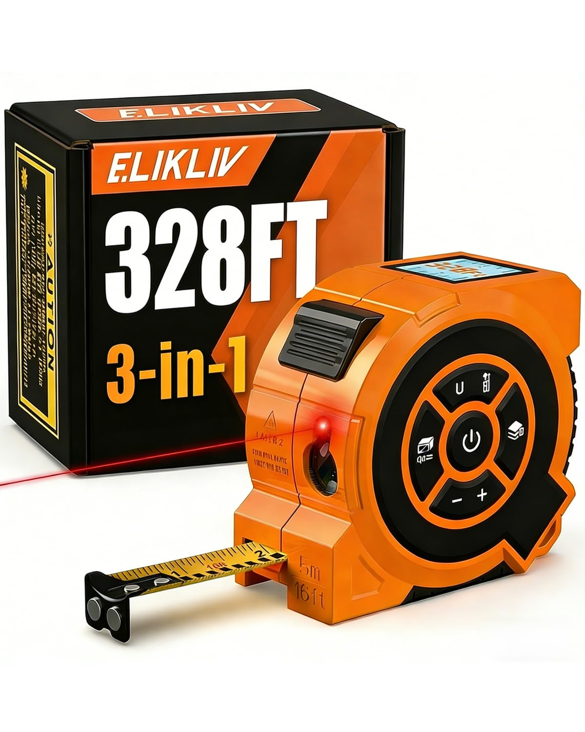 Elikliv 328ft 3-in-1 digital tape display for real-time measurements.