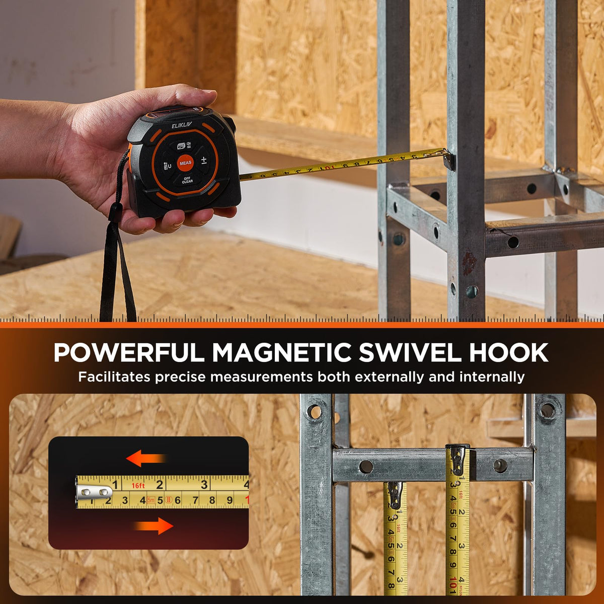 Elikliv laser tape measure LCD display enables one-handed measurement on site.