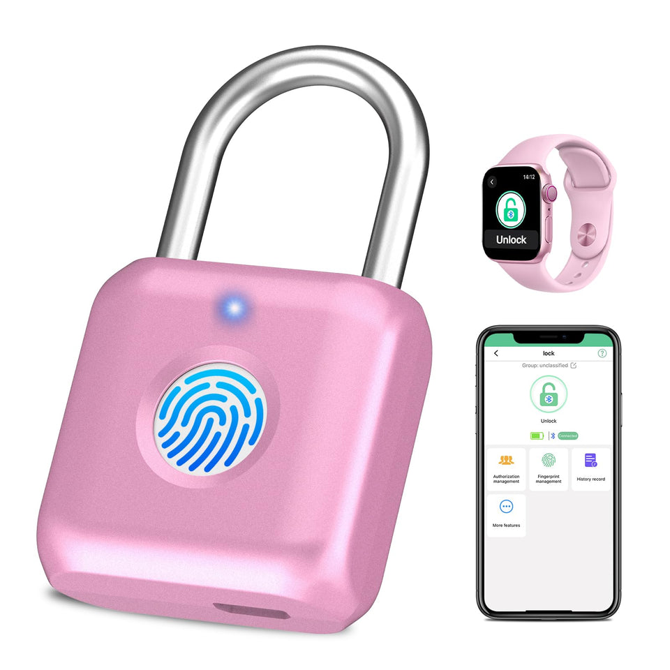 eLinkSmart fingerprint padlock pink securing a gym locker for quick access.