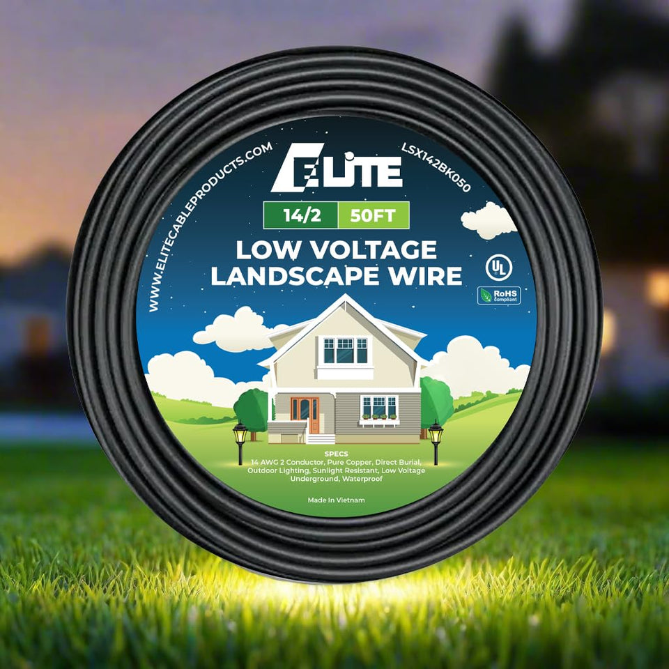 Elite 14/2 landscape wire with pure copper conductors for durable garden lighting.