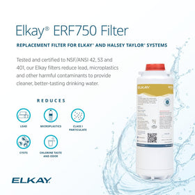 Elkay ERF750 WaterSentry cartridge close-up highlighting activated carbon media for filtration.