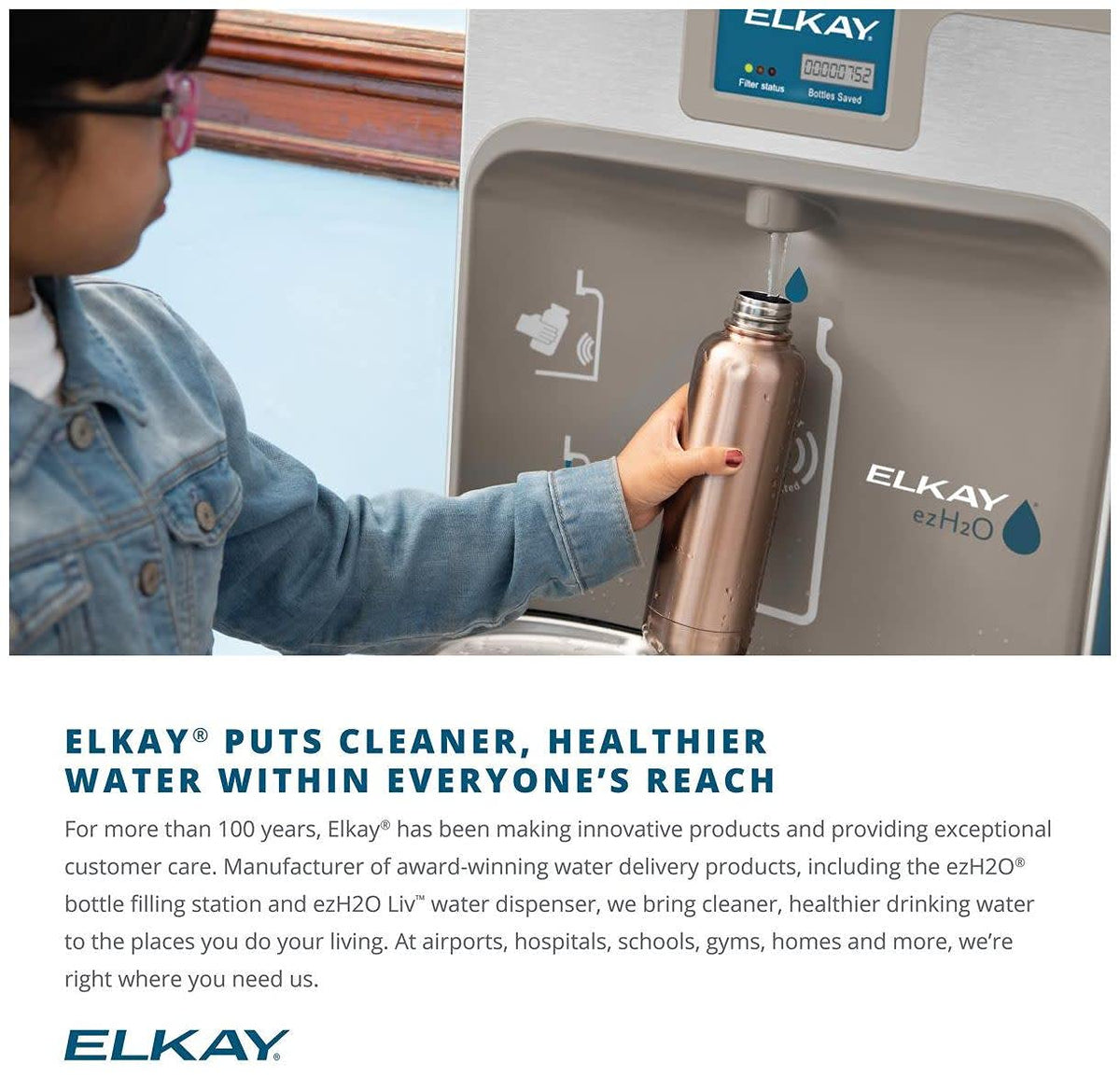 Elkay ezH2O in use image emphasizes sensor activation and quick fill.
