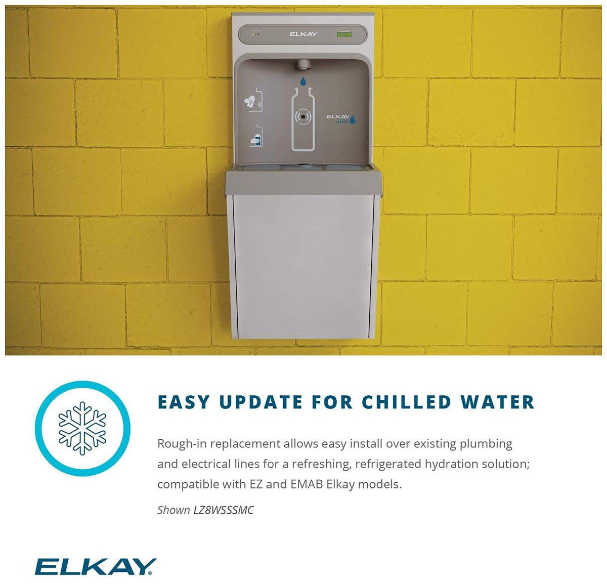 Elkay ezH2O compact unit illustrating rough-in compatibility with EZ and EMAB models.