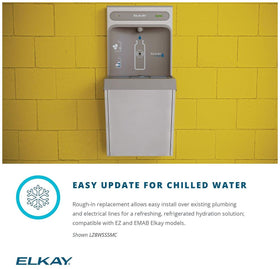 Elkay ezH2O compact unit illustrating rough-in compatibility with EZ and EMAB models.