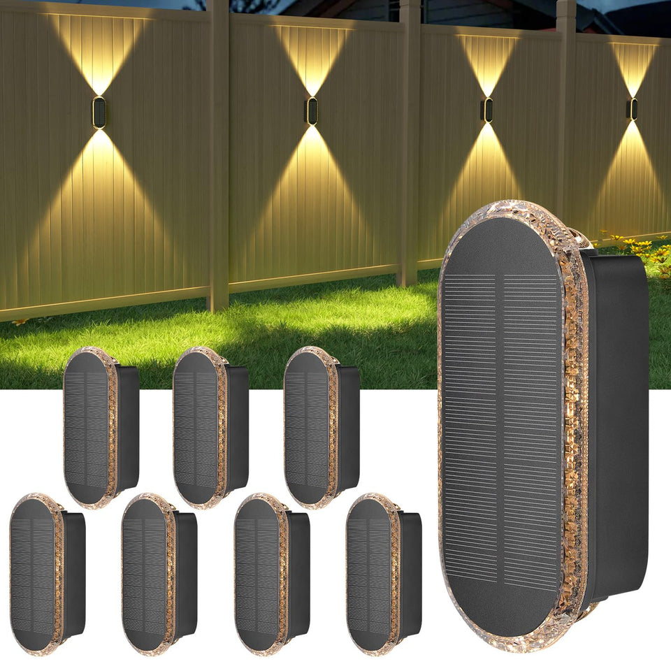 Ellasay fence light with up-down beams illuminate eaves and walkways.