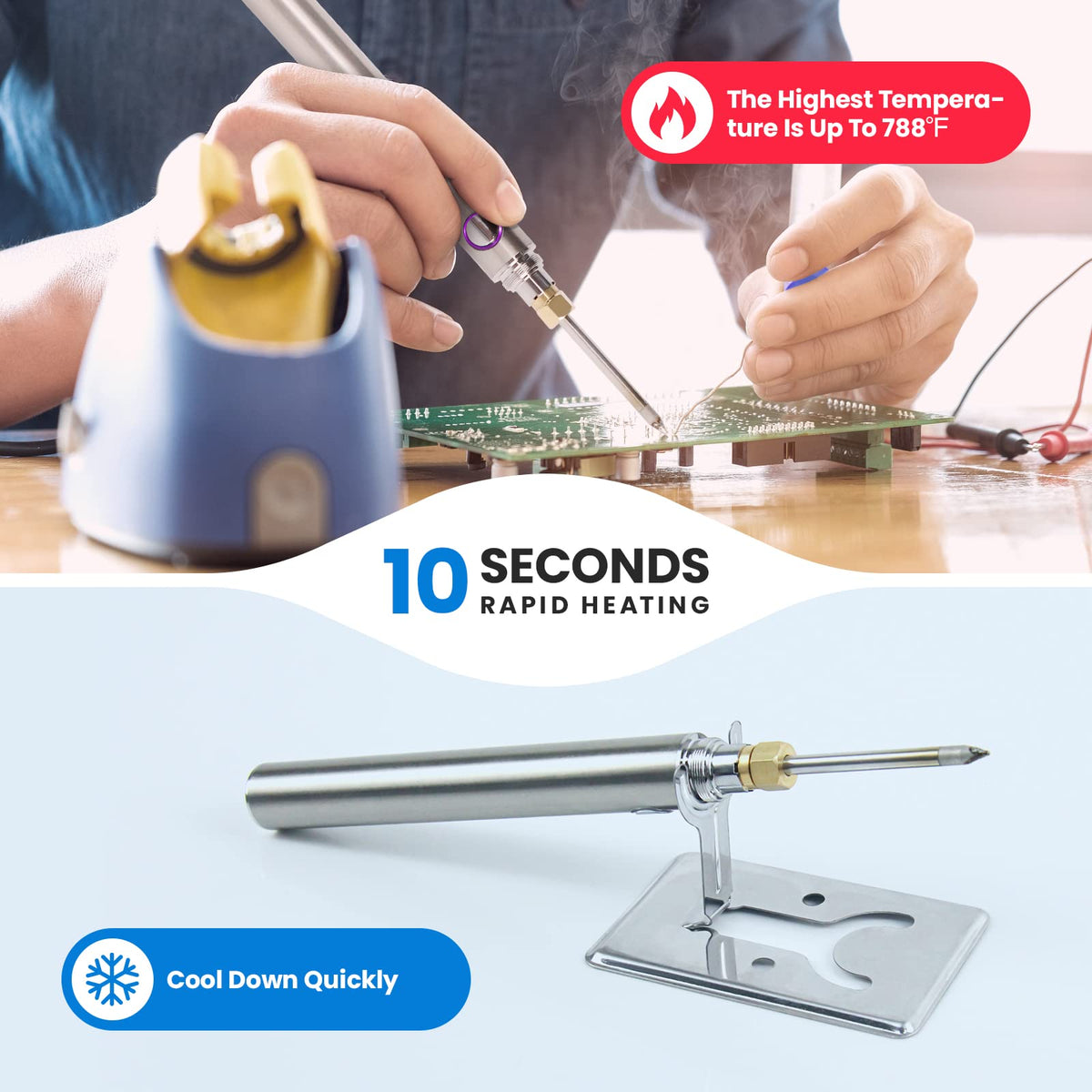 ELMCONFIG cordless soldering kit in use on a circuit board for quick DIY repairs