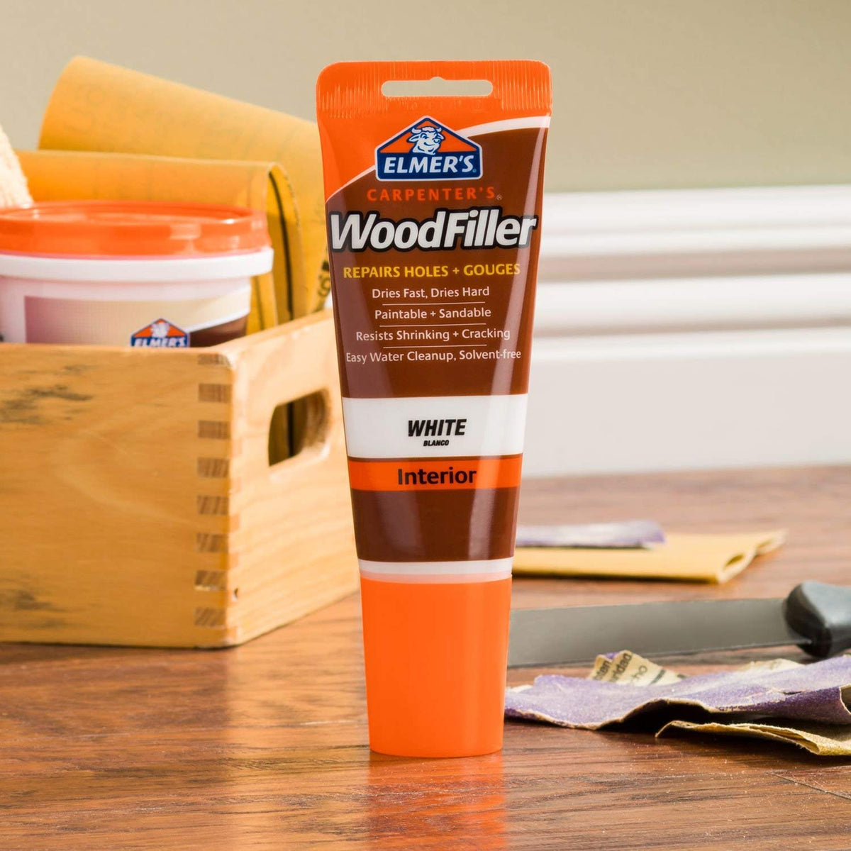 Elmer's E855 six pack packaging front for interior wood repair.