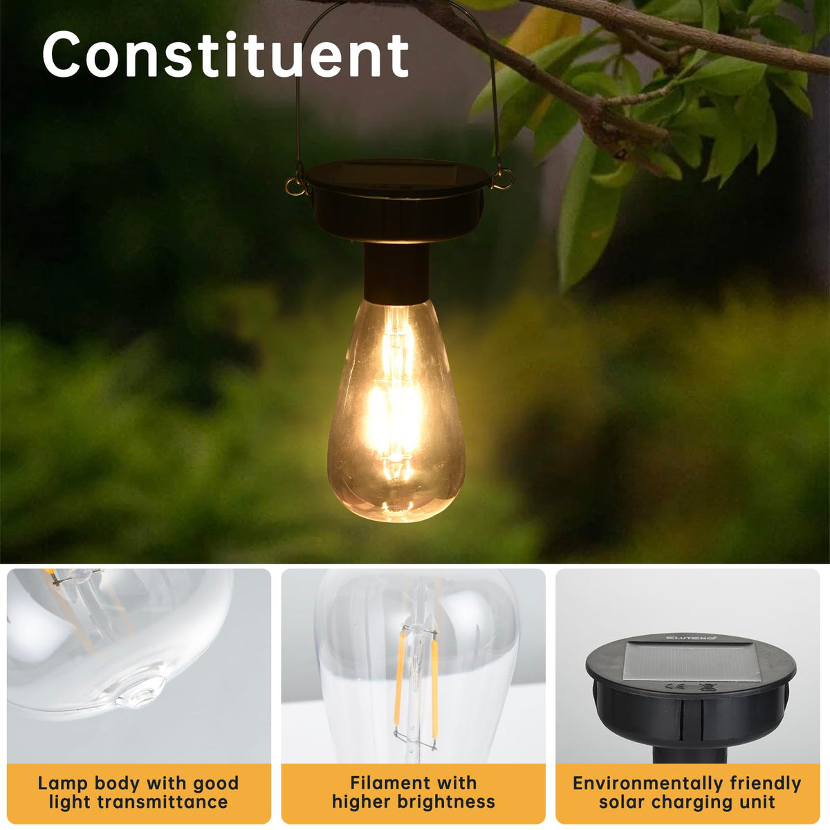 ELUTENG waterproof solar light bulb, durable for rain-ready outdoor use.