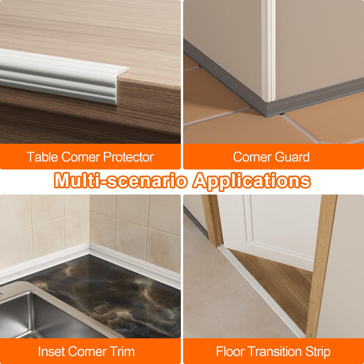 Elvone 3-in-1 corner trim guards, partitions, and transitions with a sleek white finish
