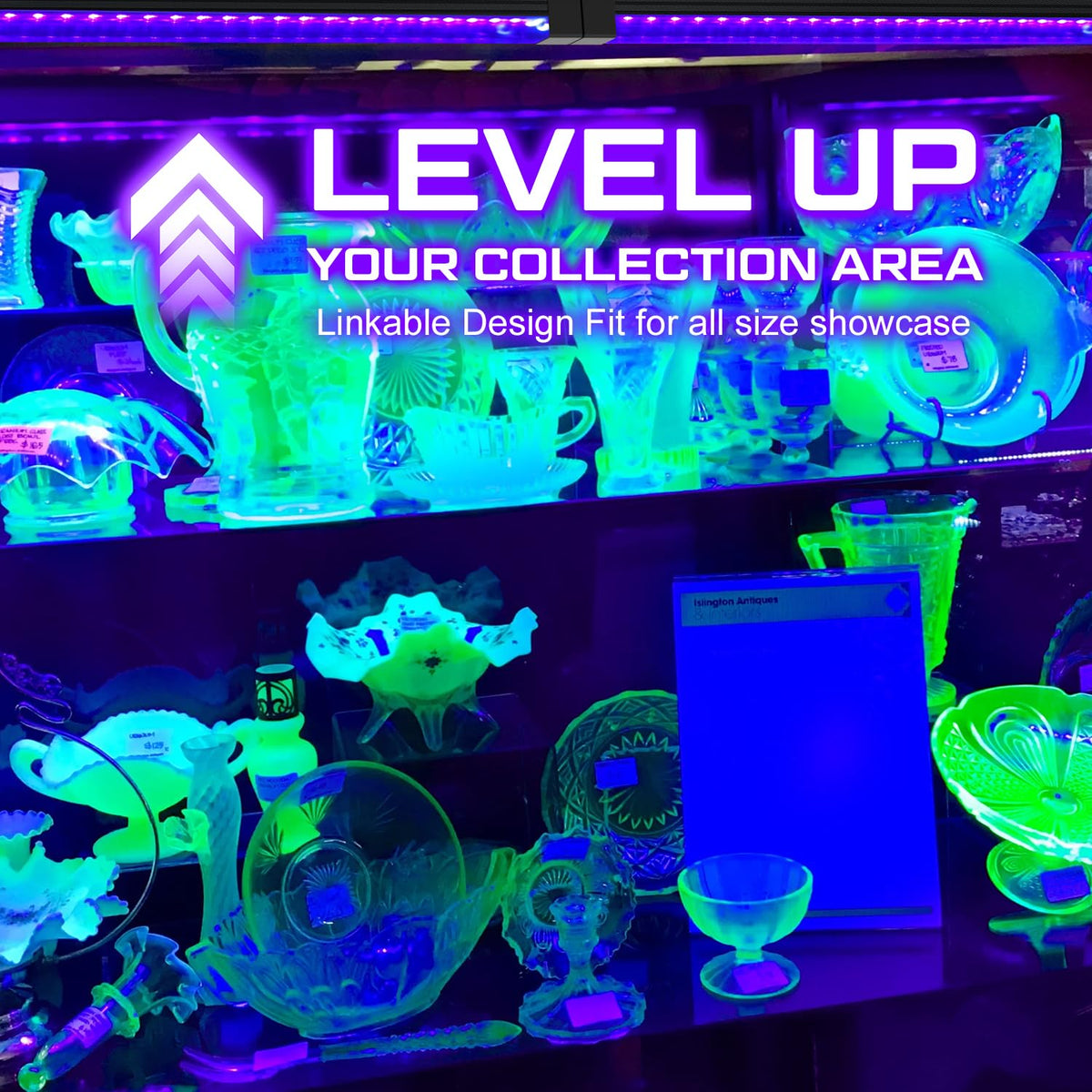 Elwoks 365nm UV bar in a cabinet highlights minerals with vivid fluorescence.