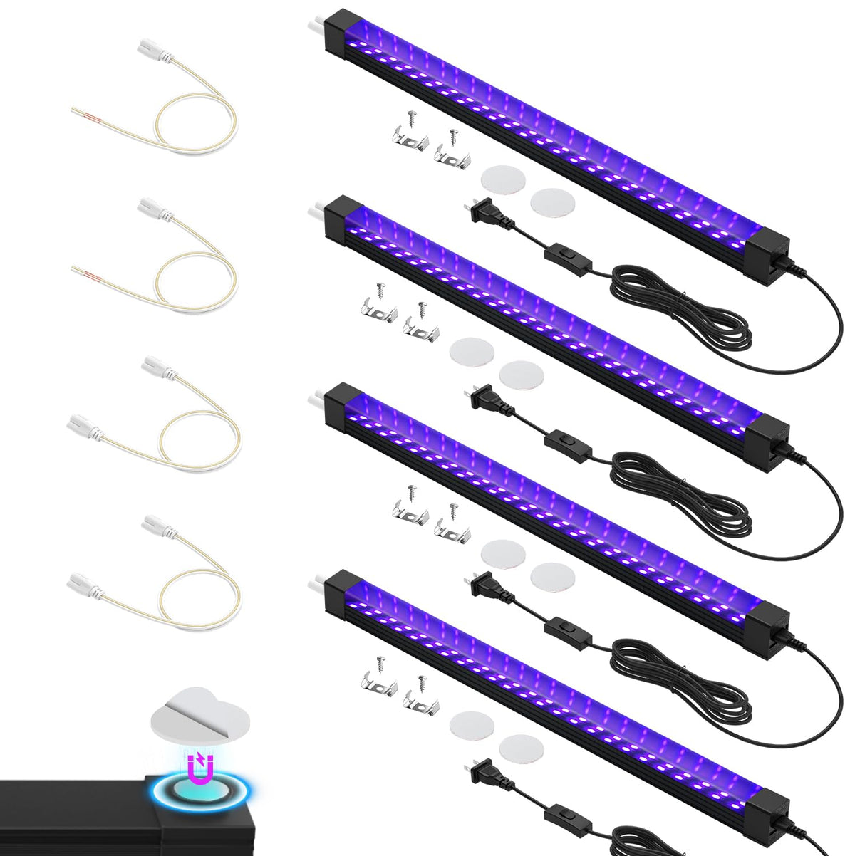 Elwoks 365nm UV bar pack showing four-bar glow setup for expandable displays.