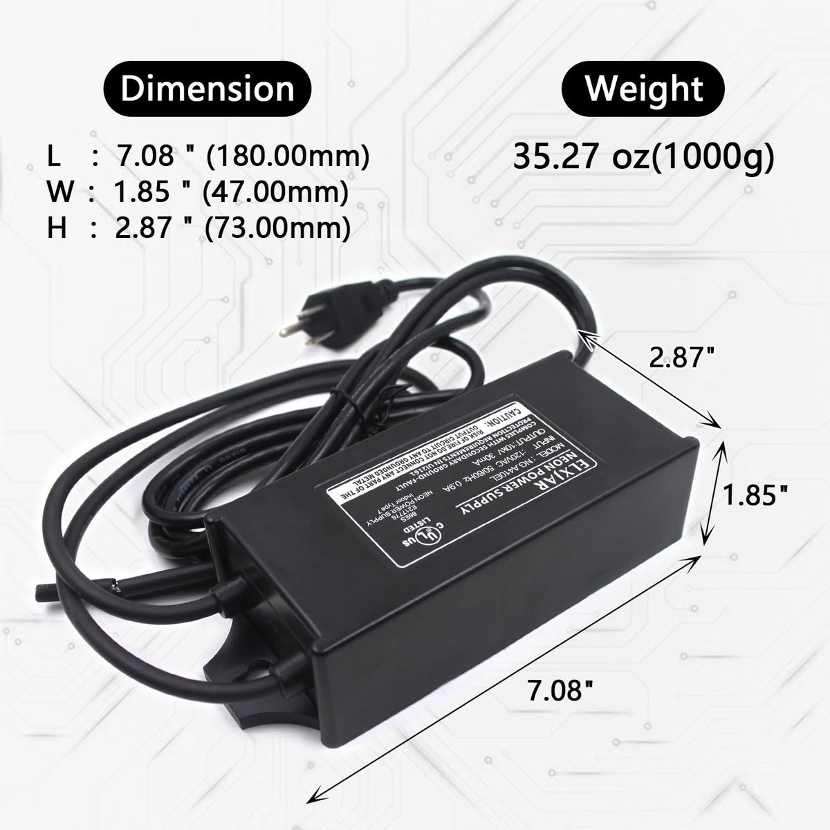 Elxjar NG.A410EL transformer top view showing 10kV output for bright neon tubes