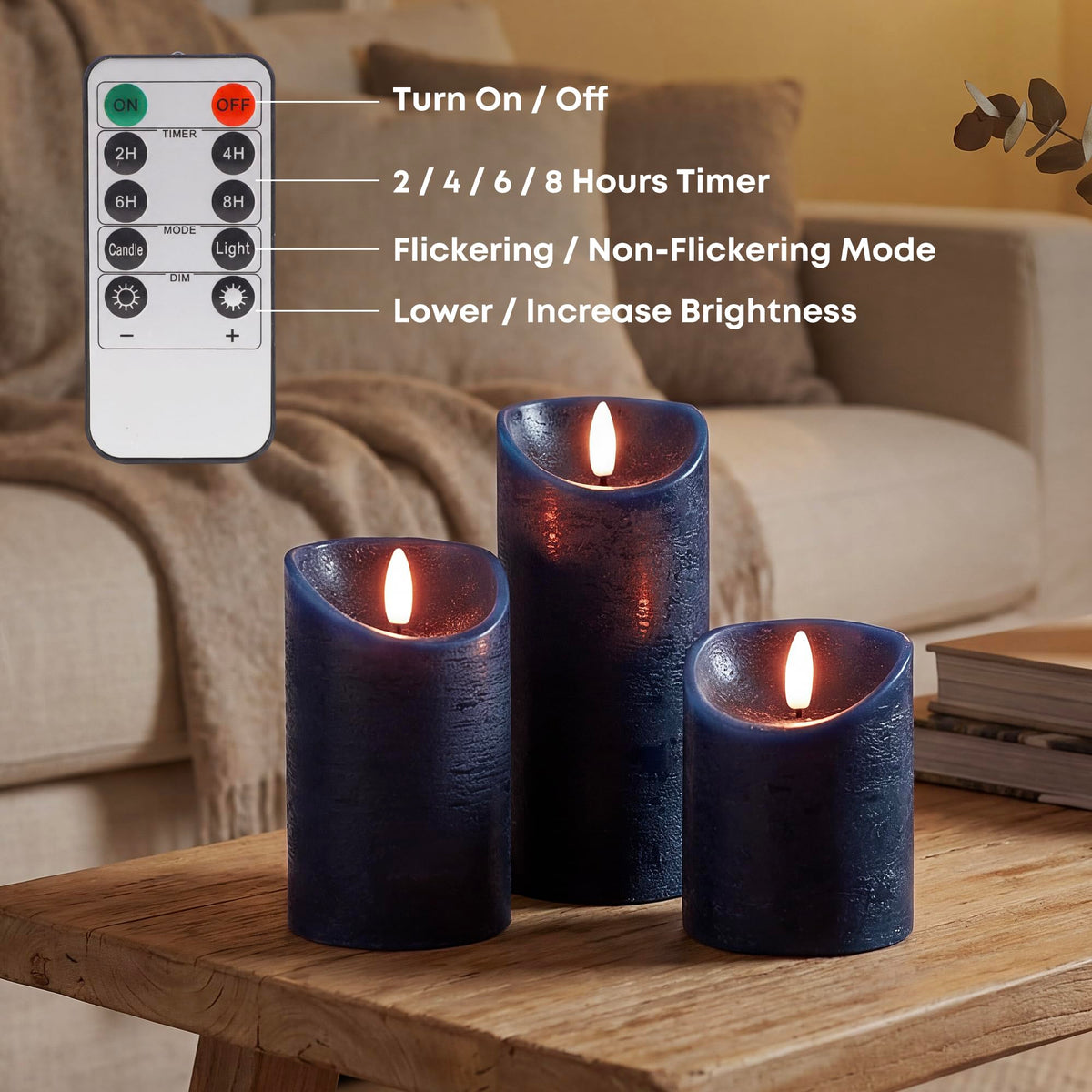 Close-up of Elyrae navy blue flame showing 3D flicker for cozy ambiance.