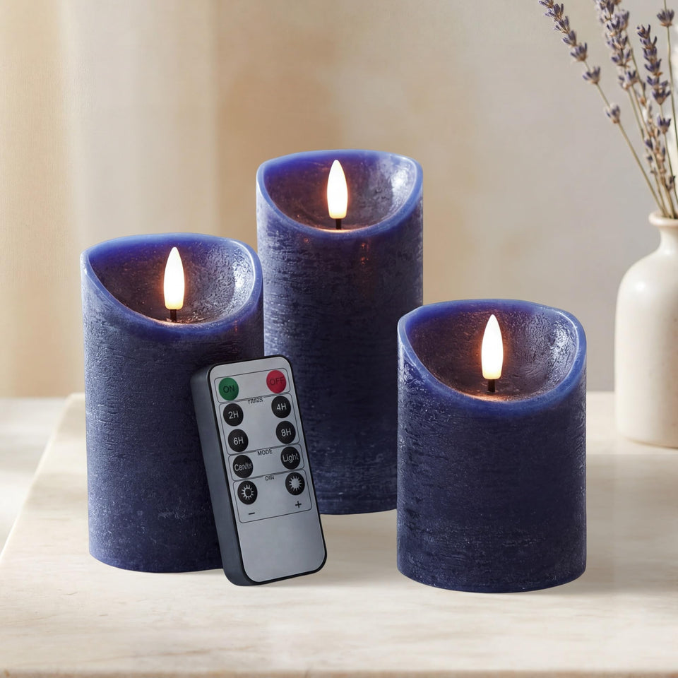 Elyrae navy blue pillar candle 3x4 inch with realistic wax texture for authentic look.