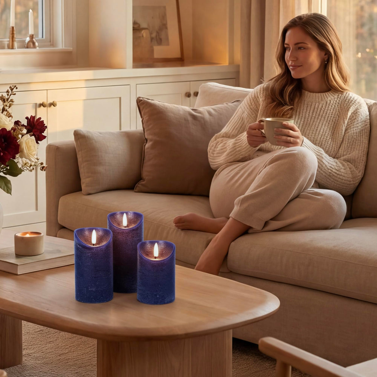 Bedroom ambiance enhanced by safe flickering light from Elyrae candle.
