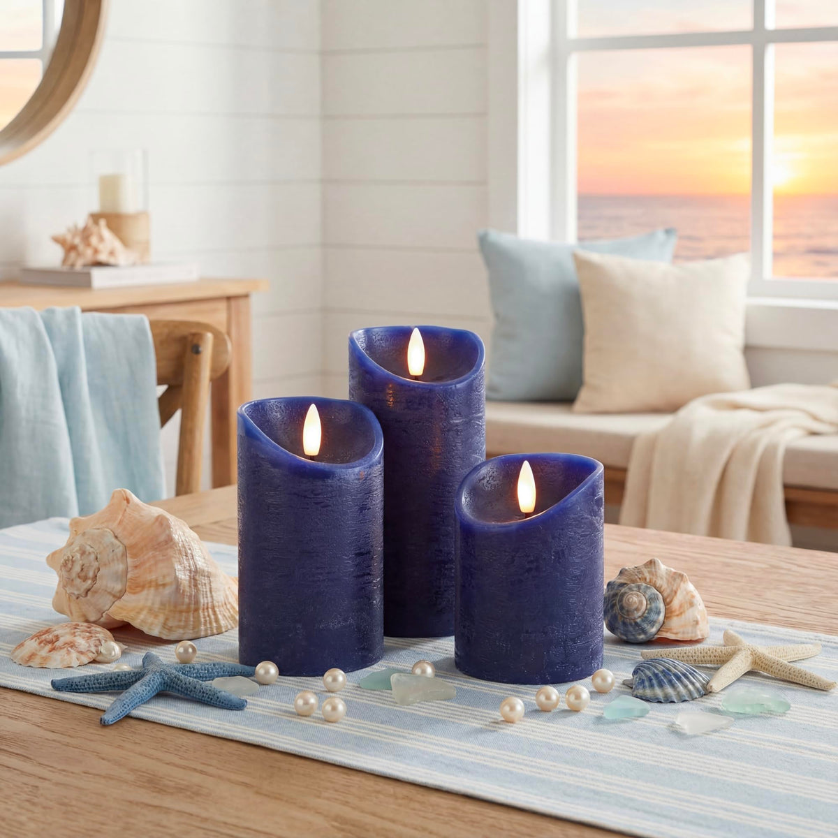 Dimmable glow from Elyrae navy blue candle offers versatile mood lighting.