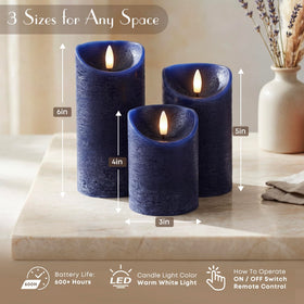 Elyrae navy blue pillar candle on mantel for safe decorative glow.