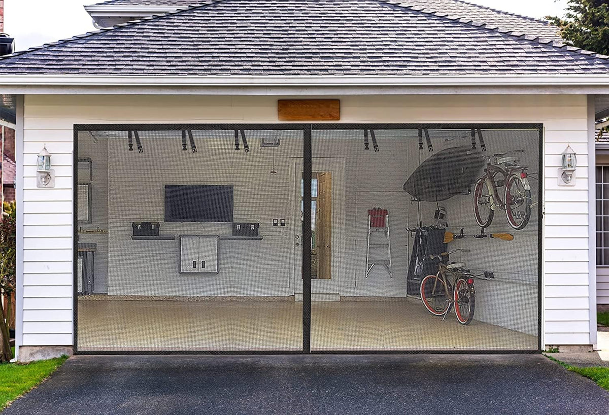 Elytsemoh garage screen door 16x8ft showing fiberglass fabric for airflow and insect protection