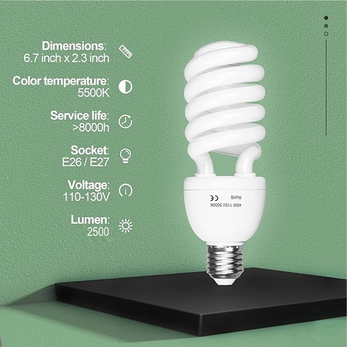 EMART compact bulbs showing 6.7-inch length and 2.3-inch diameter.