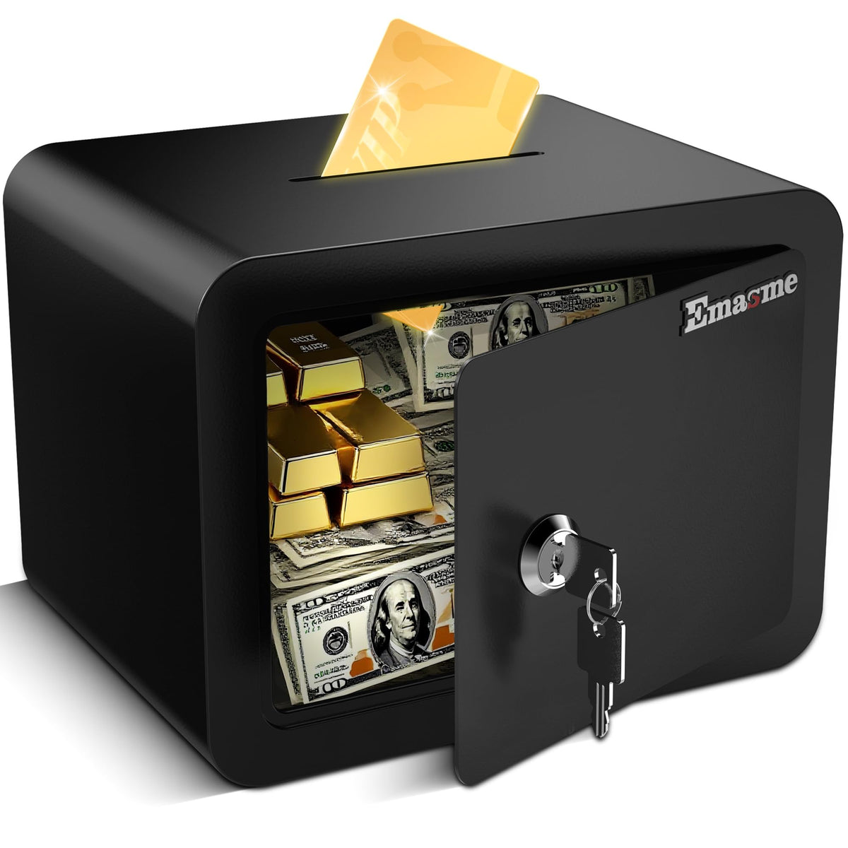 Emasme mini safe front view demonstrates compact home storage for valuables.