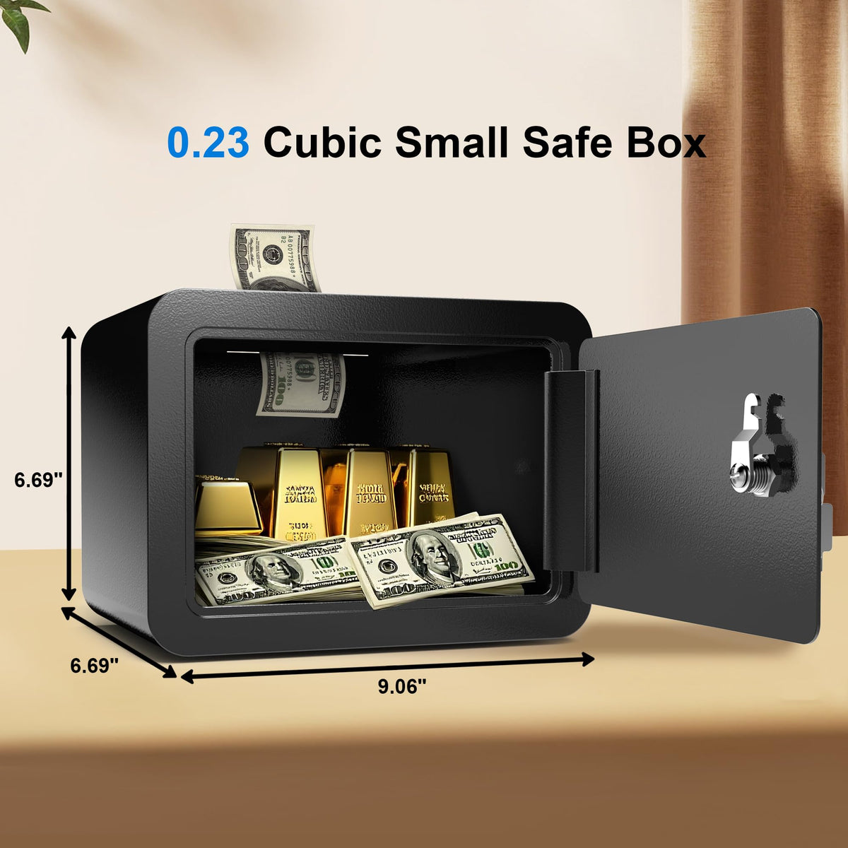 Emasme mini safe side view shows discreet placement on a shelf or drawer.