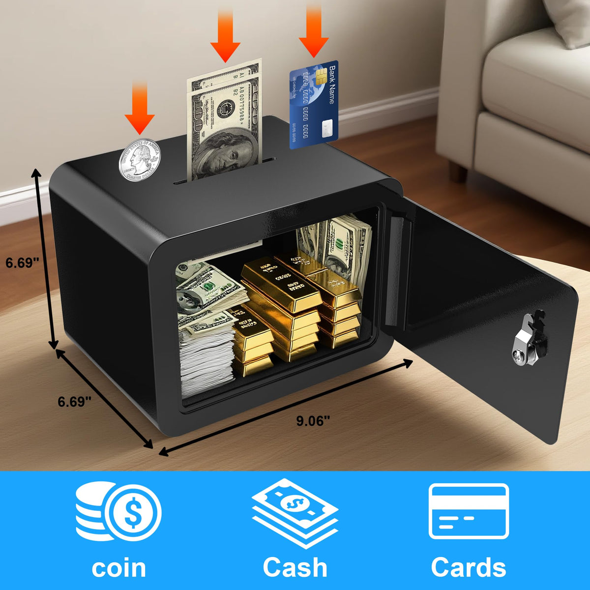 Emasme office-safe on a desk emphasizes compact storage for petty cash