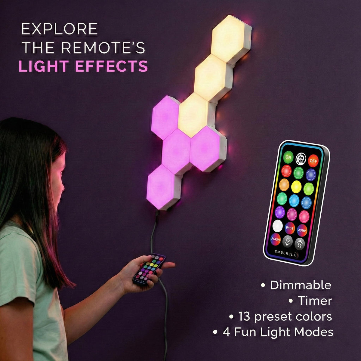 Emberela HEXlights reveal 13 colors and effects including Fade, Jump, and Flash.