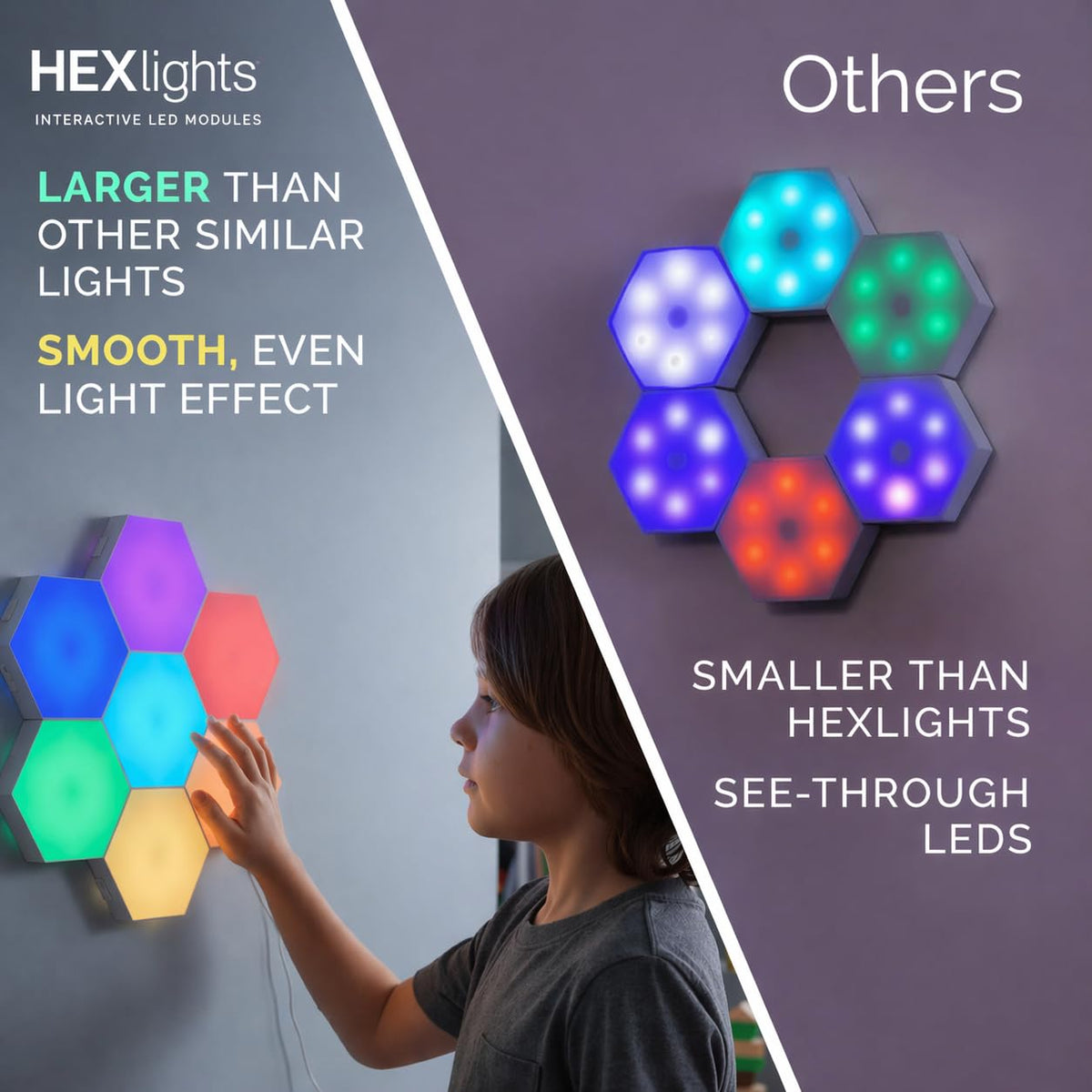 Emberela HEXlights demonstrate tap activation for interactive color exploration.