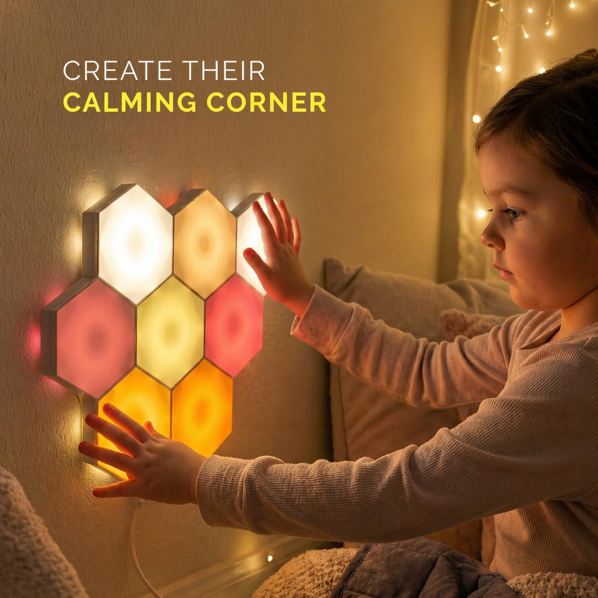 Emberela HEXlights versatile wall mounting and tabletop use for flexible sensory setups.