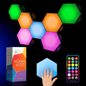 Emberela HEXlights wall panel setup for calming sensory play and learning spaces.