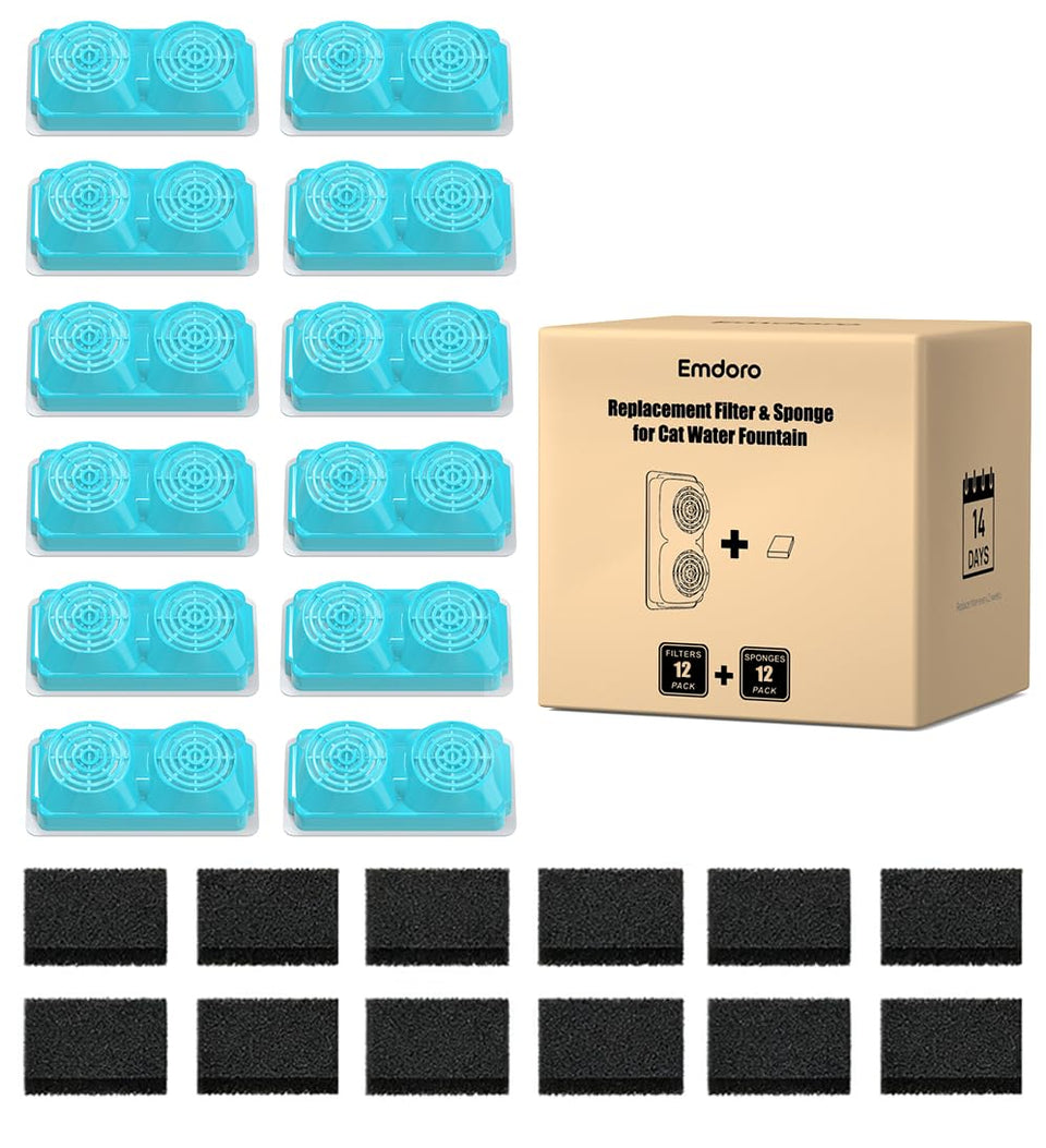 Emdoro 12-pack filters and sponges for six months of clean fountain water.