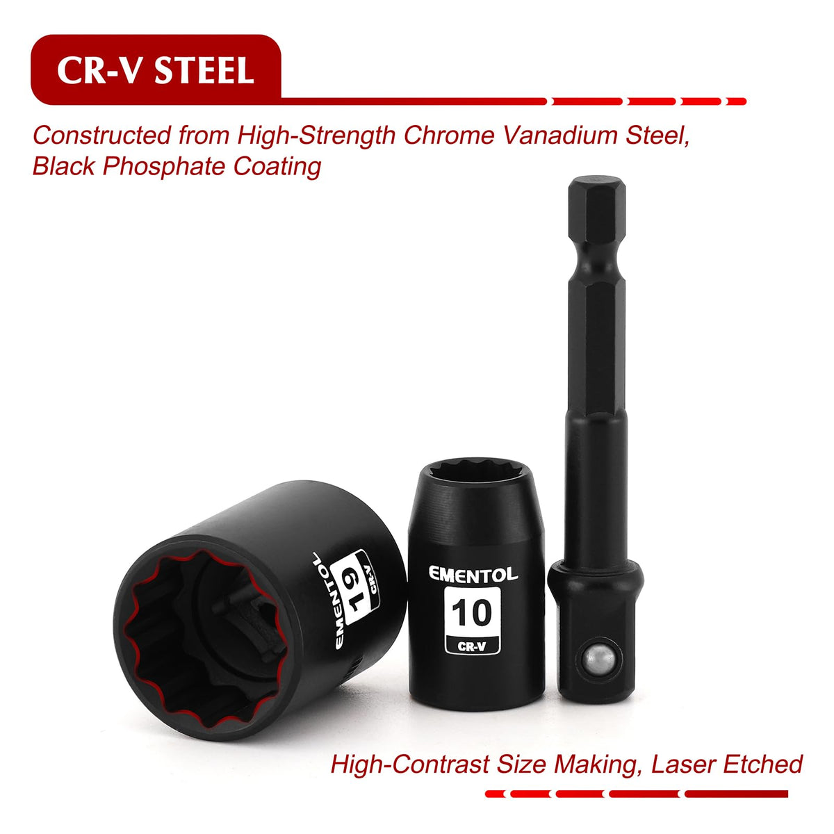 EMENTOL 12-point design sockets grip fasteners securely and resist rounding.