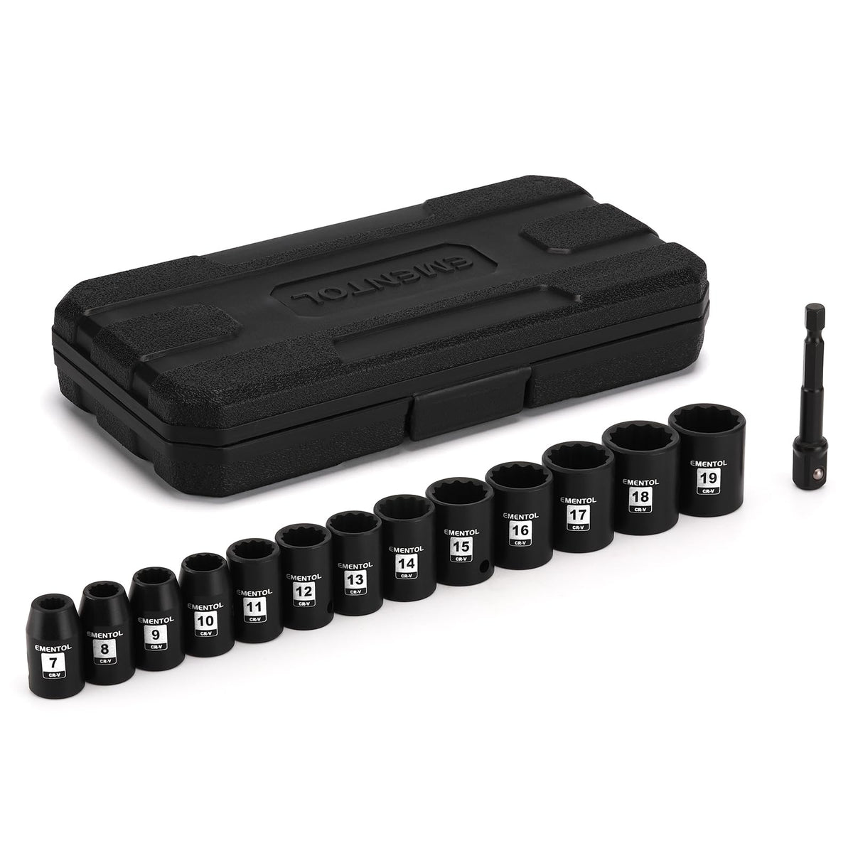EMENTOL 14-piece 3/8in socket set with clear size labels for quick identification.