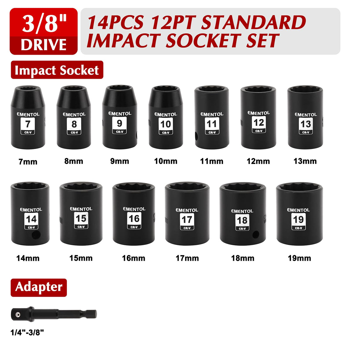 EMENTOL 3/8in socket set in a sturdy storage case for organized tools.
