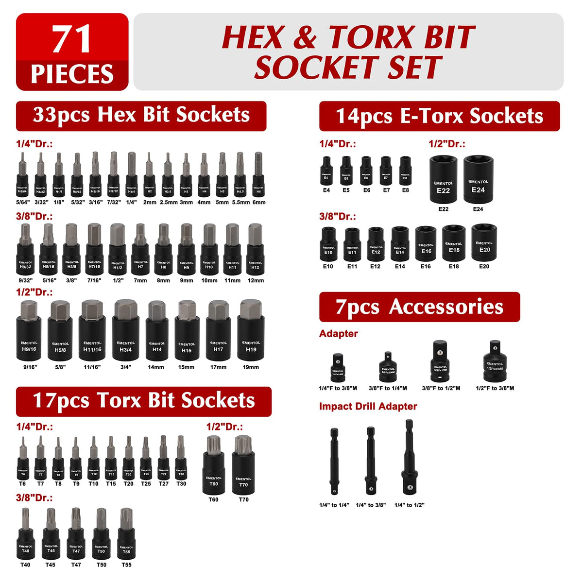 EMENTOL hex bit sockets with varied sizes for versatile drivetrain and gear work