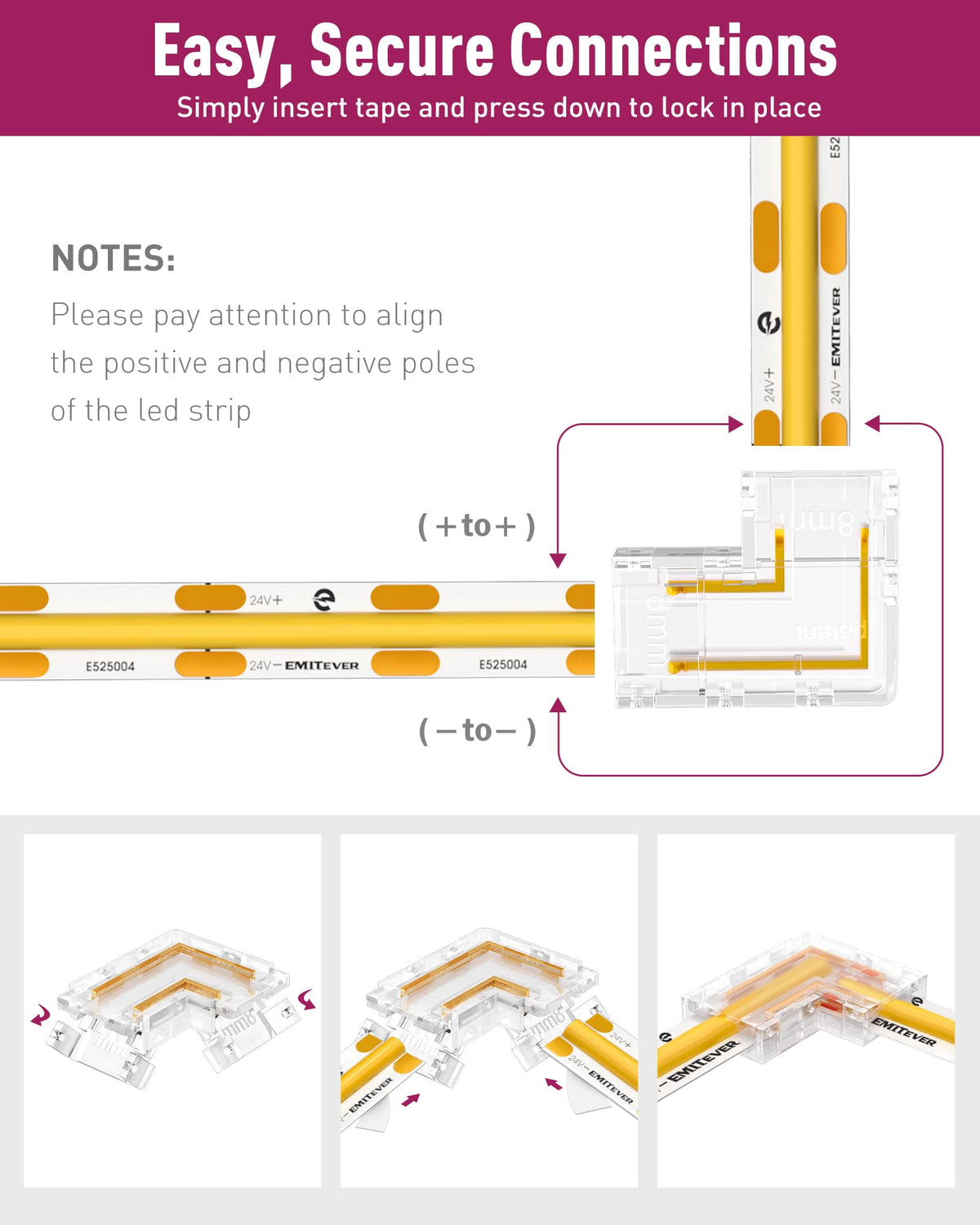 EMITEVER 12-piece pack of solderless corner connectors.