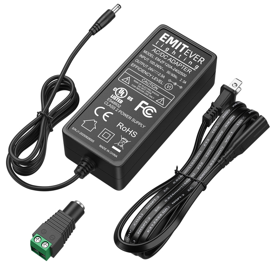 EMITEVER 24V power supply front view, compact LED adapter for strips