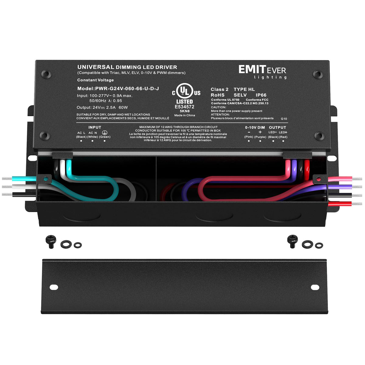 EMITEVER 60W dimmable LED driver connection panel, flexible wiring for versatile setups.