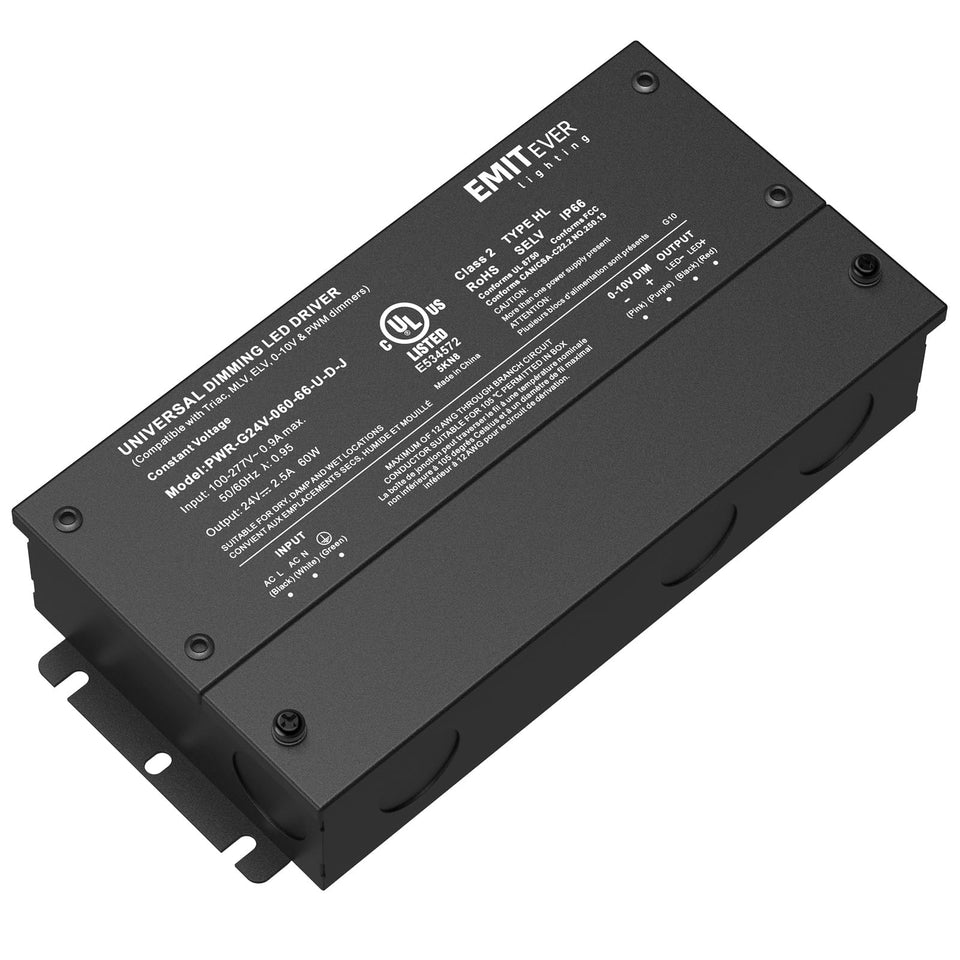 EMITEVER 60W dimmable LED driver front view, compact housing for easy installation.