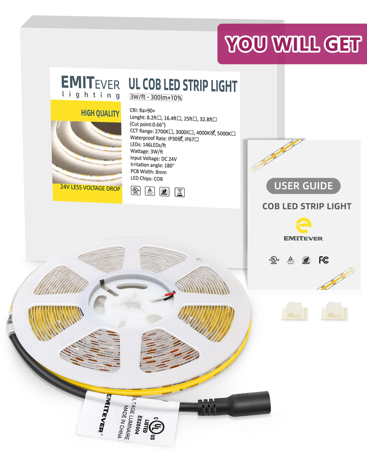 EMITEVER COB LED strip with 3M adhesive backing for easy installation